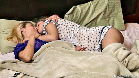 Brenda James and Heather Starlet passionate lesbian kiss in lingerie