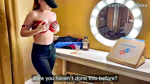 Dutch pizza delivery girl topless teasing with red bra straps before paid sex encounter