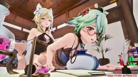 Genshin Impact Sucrose and Lumine futa lesbian desk scene