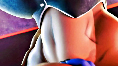 POV blowjob closeup on muscular torso with blue gloved hand