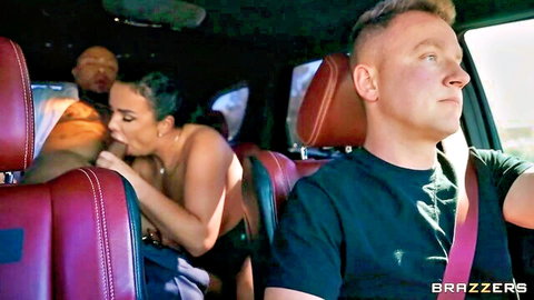Bosnian Beautyy giving blowjob in limo threesome with Van Wylde and Eddie Jaye