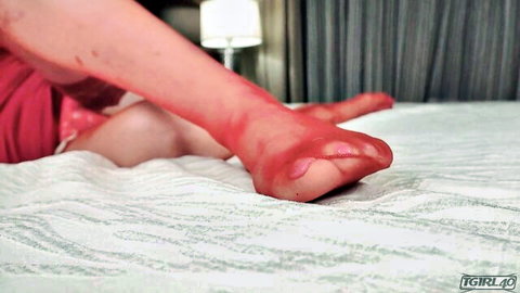 Kacy trans in sheer red stockings, sexy legs and feet closeup