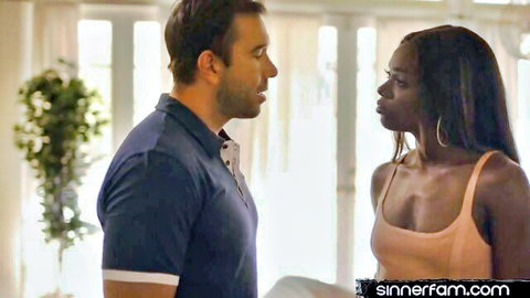 Ebony stepsis in pink tank top faces stepbro in blue shirt, teasing encounter