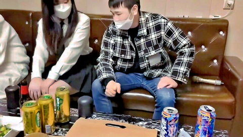 Petite Asian teens in school uniforms with guy, threesome preview