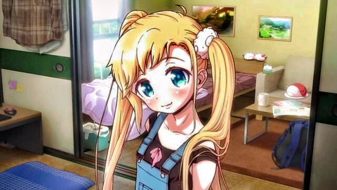 Blonde anime girl with twin tails in cleavage-revealing overalls