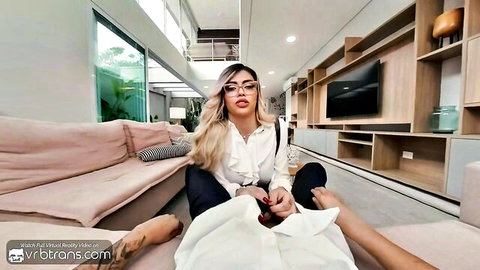 Busty blonde trans Isabella Salvatore in POV office tease with spread legs