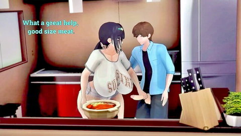 Busty black-haired anime woman with huge tits in tight shirt teased by man, NTR friends family scene