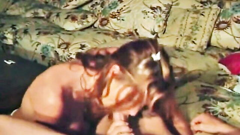 Brunette seduces best friend topless on couch in intimate homemade scene