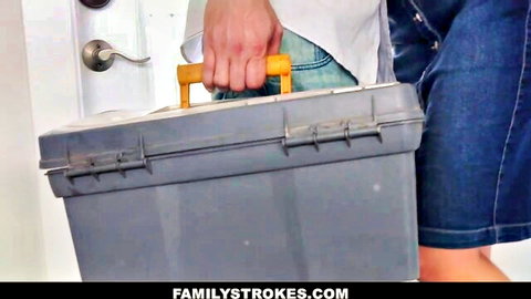 Sexy housewife in denim shorts holds toolbox, plumber fantasy tease
