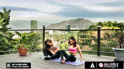 Dani Daniels yoga stretch with BFF before passionate Nuru tribbing massage