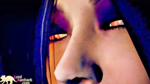 Miranda's intense red glowing eyes and purple hair in sci-fi cartoon porn