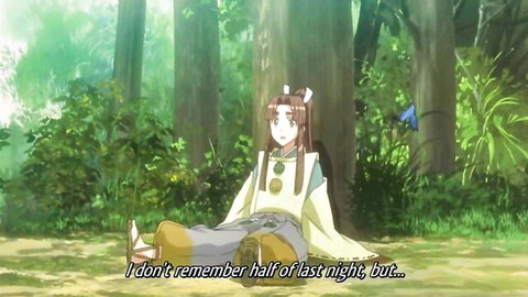 Hentai fox-eared miko girl sits legs spread in forest with teasing upskirt view