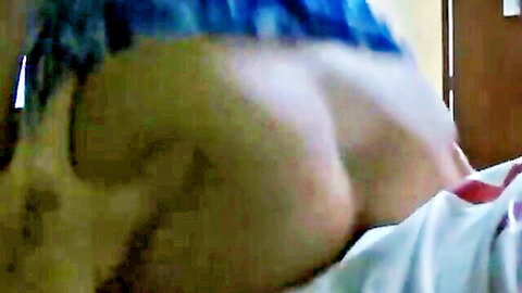 Thick tan ass cheeks spread with blue thong pulled aside in amateur doggy style tease