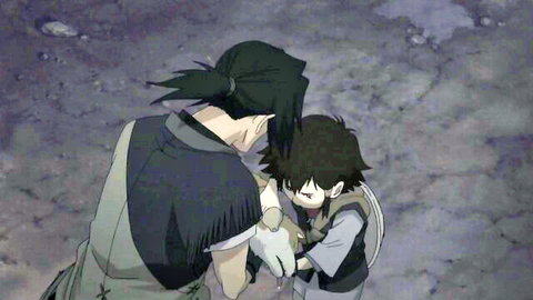 Anime black-haired man passionately hugging young boy from behind in dark night