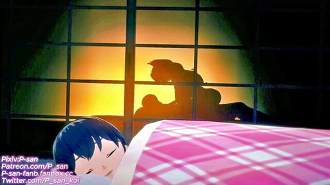 Blue-haired anime girl sleeps under blanket as cat boy silhouette fucks woman cowgirl style through sunset window