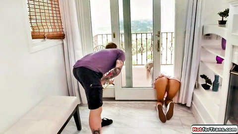 Brittney Kade bent over stuck in skirt, rimmed by man from behind