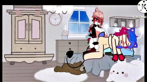 Cartoon catgirl facesits blue-haired teen exposing wet pussies in yuri bedroom orgy