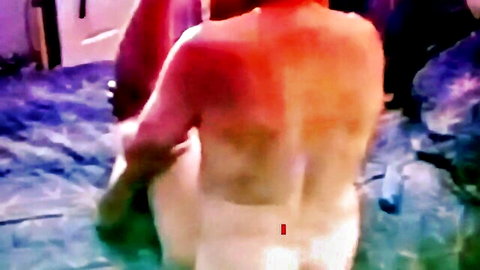 Muscular daddy with sunburned back in white briefs, bareback duo scene