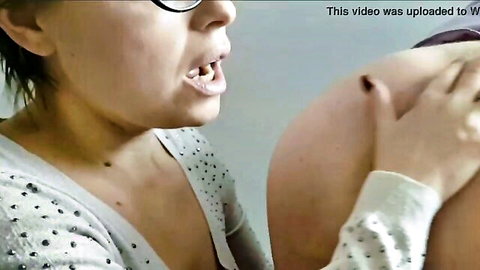 Hot secretary with glasses deep licks boss's ass and milks cum close-up