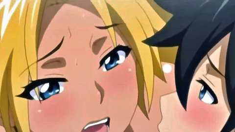 Close-up intimate hentai kiss between blonde girl and black-haired boy in threesome