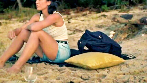 Cassandra Naud in lacy top and denim shorts on beach picnic, Influencer 2022 hot scene
