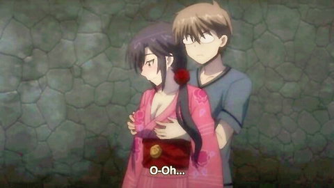 Hentai anime girl in revealing pink kimono surprised by hug from behind