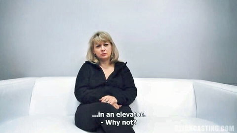 Beautiful Czech Vera in elevator casting interview, blonde mature solo