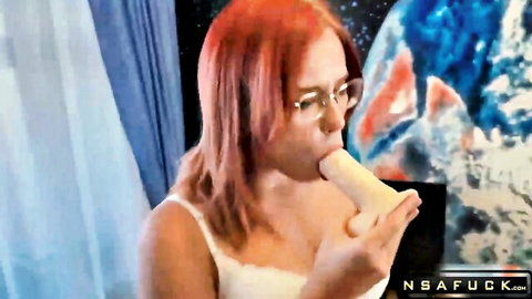 Redhead stepsister sucking dildo while caught masturbating