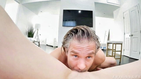 Mature blond hunk buries face in wet shaved pussy for intense POV cunnilingus