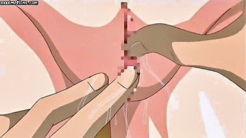Hentai closeup of fingers spreading pink wet pussy leaking white cum with pixel censorship