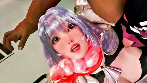 Purple-haired hentai girl with open mouth tongue out gripped by black hands in POV blowjob tease