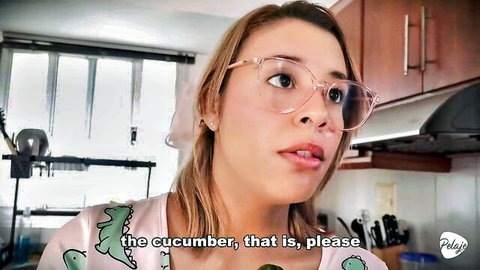 Sexy Latina in kitchen holds massive cucumber teasing for toy insertion solo