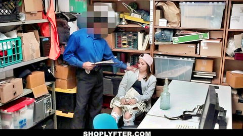 Skinny teen shoplifter in pink hat with upskirt thighs sits as censored security guard questions her in storage room