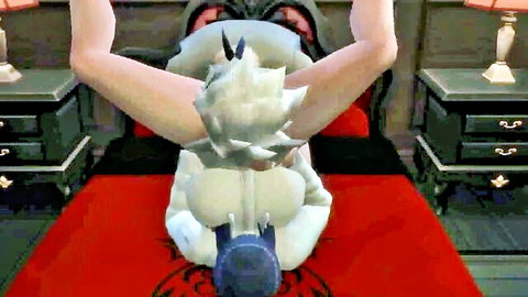Pale woman grinds wet pussy on white fox furry sheath in reverse cowgirl hentai bedroom fuck