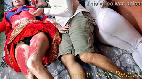 Indian stepmom in red sari with cum on thighs, hardcore action from IndianXXXreality