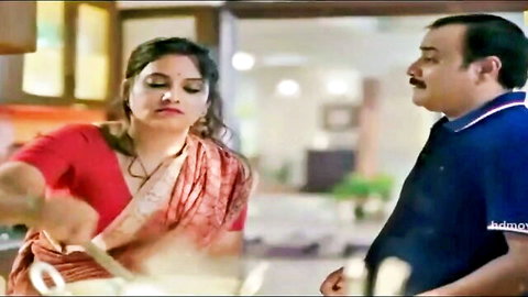 Desi housewife in red saree cooking in kitchen with man, Ullu Chull web series