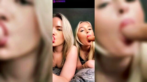 Two skinny blonde teens playfully sticking tongues out and sucking finger teasingly