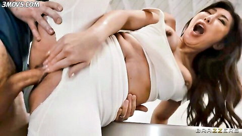 Muscular stud fingers shaved pussy of screaming Asian babe with exposed medium tits in pulled-aside white pants