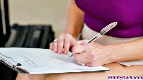 Reagan Foxx as busty stepmom writing on clipboard in tight purple top and skirt