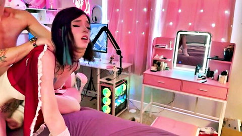 Trans roommate anal fuck in red Christmas lingerie, horny blue-haired girl