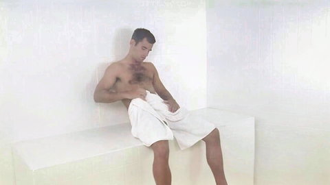Lucas Vick muscular in white towel, steamy sauna tease