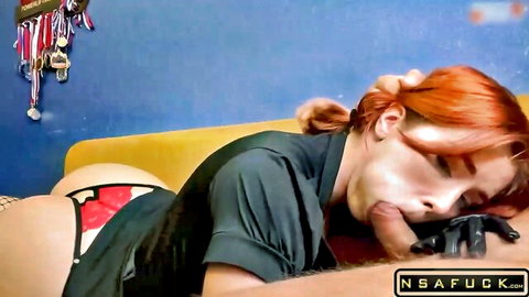 Redhead teen sucks thick cock with mouth wide open as gloved hand grips her ponytail, ass up in red panties