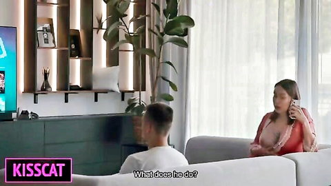 Asian stepmom in red top tempts stepson on couch during phone call