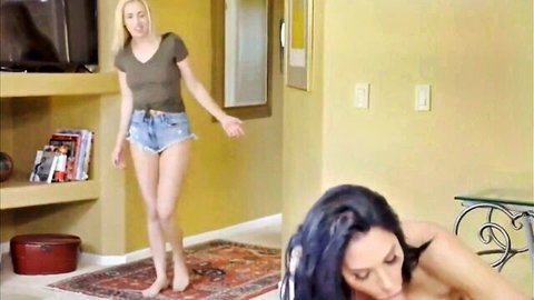 Blonde stepmom and nude brunette in first threesome oral scene