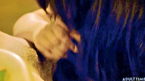 Kenna James with blue hair and Reagan Foxx in steamy lesbian touch