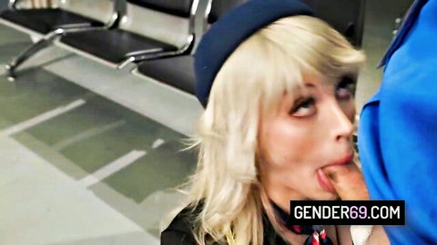 Blonde trans flight attendant enjoys real cock blowjob over toys