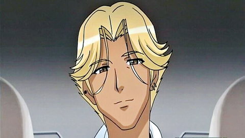Blonde anime male in white uniform with glasses, intense gaze