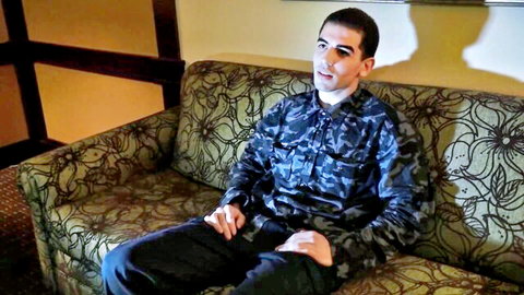Handsome Arab man in camo shirt awaits early morning blowjob