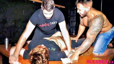 Magic Javi, Drew Dixon, and Viktor Rom in intense gay threesome wrestling action