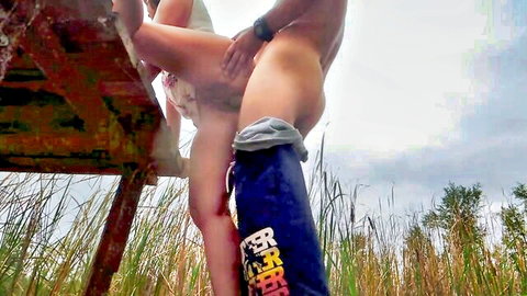 Blonde MILF bent over getting fucked hard from behind outdoors